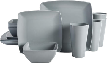 Gibson Home Soho Grayson Square Melamine Dinnerware Set, Service for Four (16pcs), Grey
